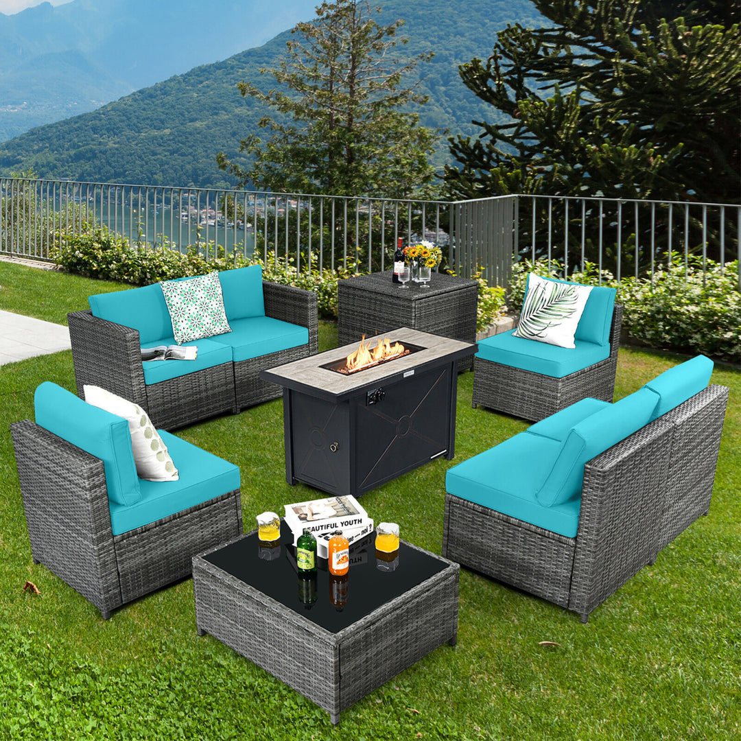 9 PCS Patio Rattan Furniture Set Fire Pit Table Storage Black W/ Cover Image 9