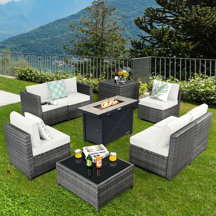 9 PCS Patio Rattan Furniture Set Fire Pit Table Storage Black W/ Cover Image 1