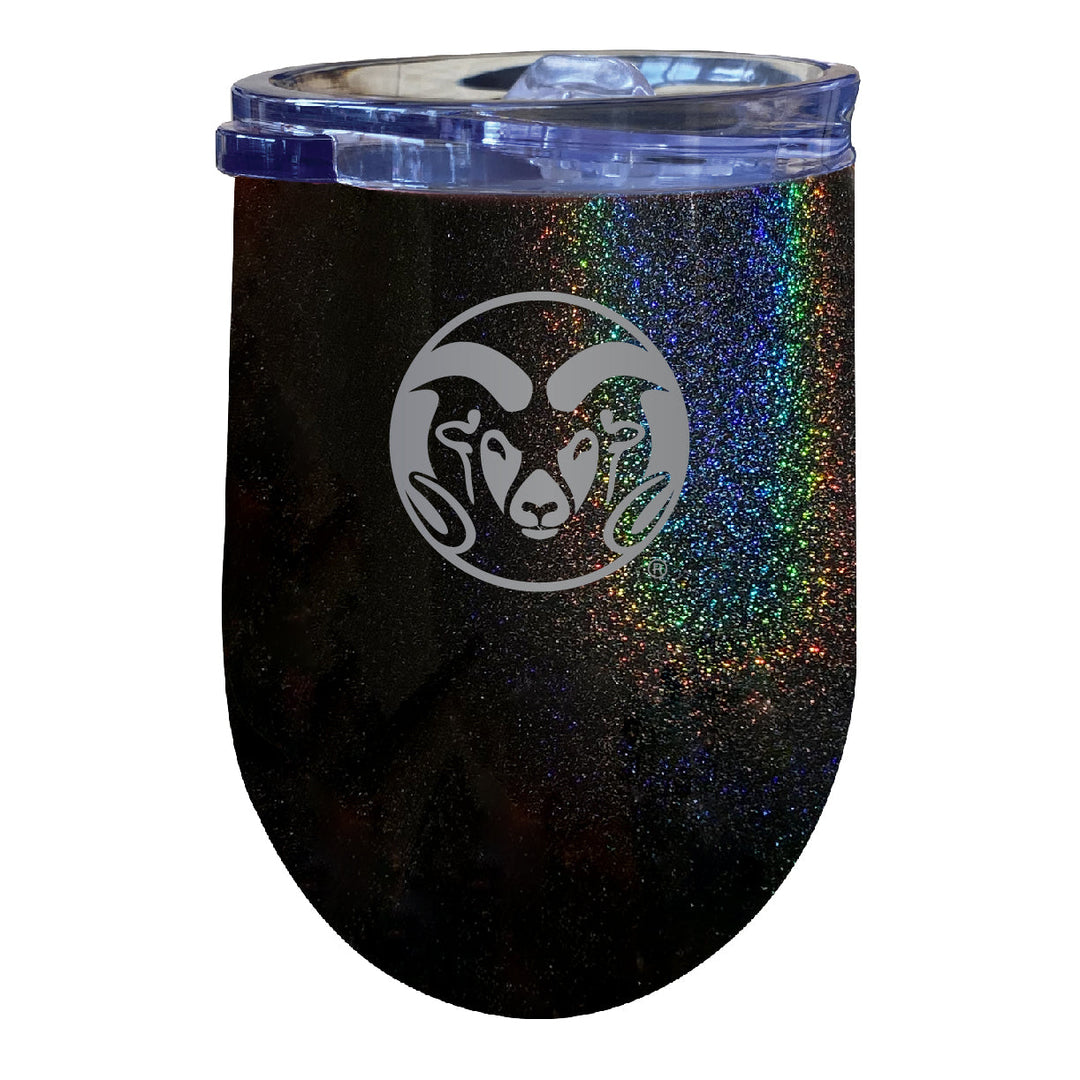 Colorado State Rams 12 oz Laser Etched Insulated Wine Stainless Steel Tumbler Rainbow Glitter Black Image 1