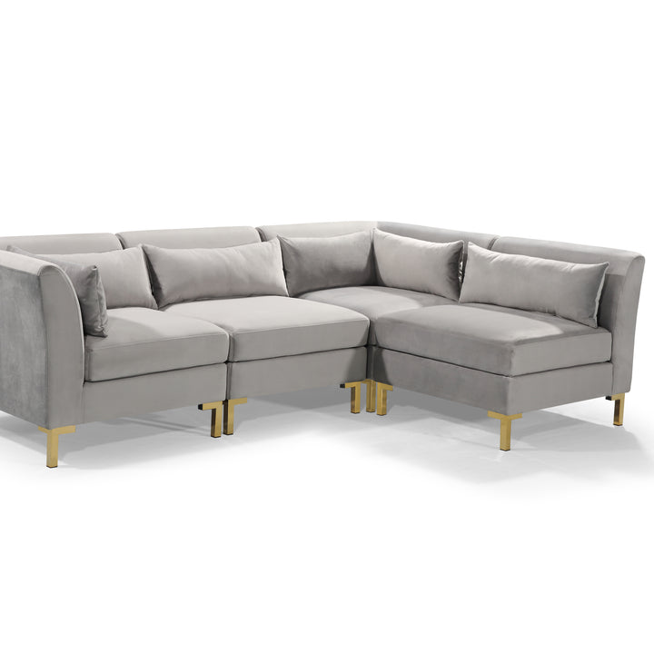 Greco Modular Chaise Sectional Sofa Solid Gold Tone Metal Y-Leg with 6 Throw Pillows Image 4