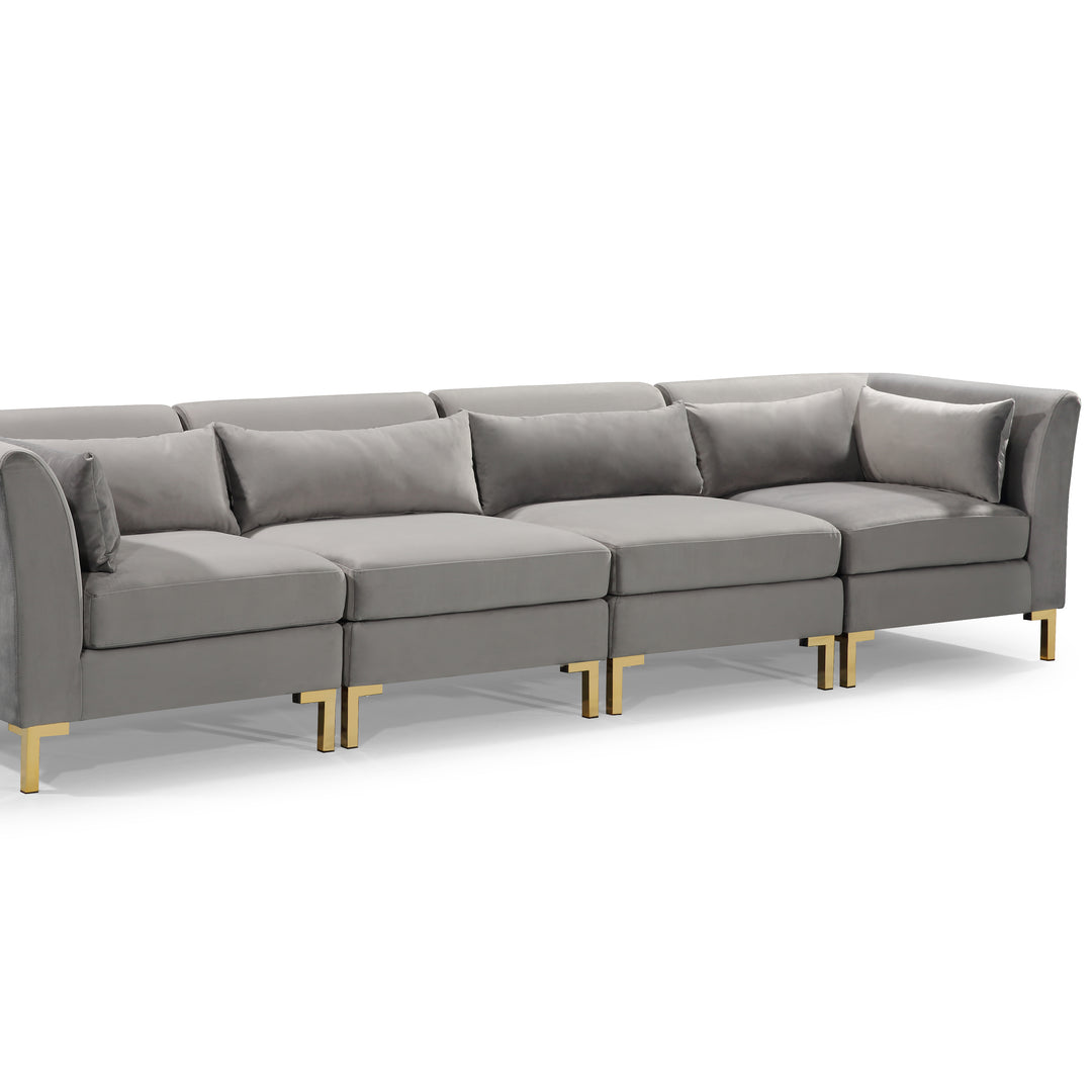 Greco Modular Chaise Sectional Sofa Solid Gold Tone Metal Y-Leg with 6 Throw Pillows Image 9