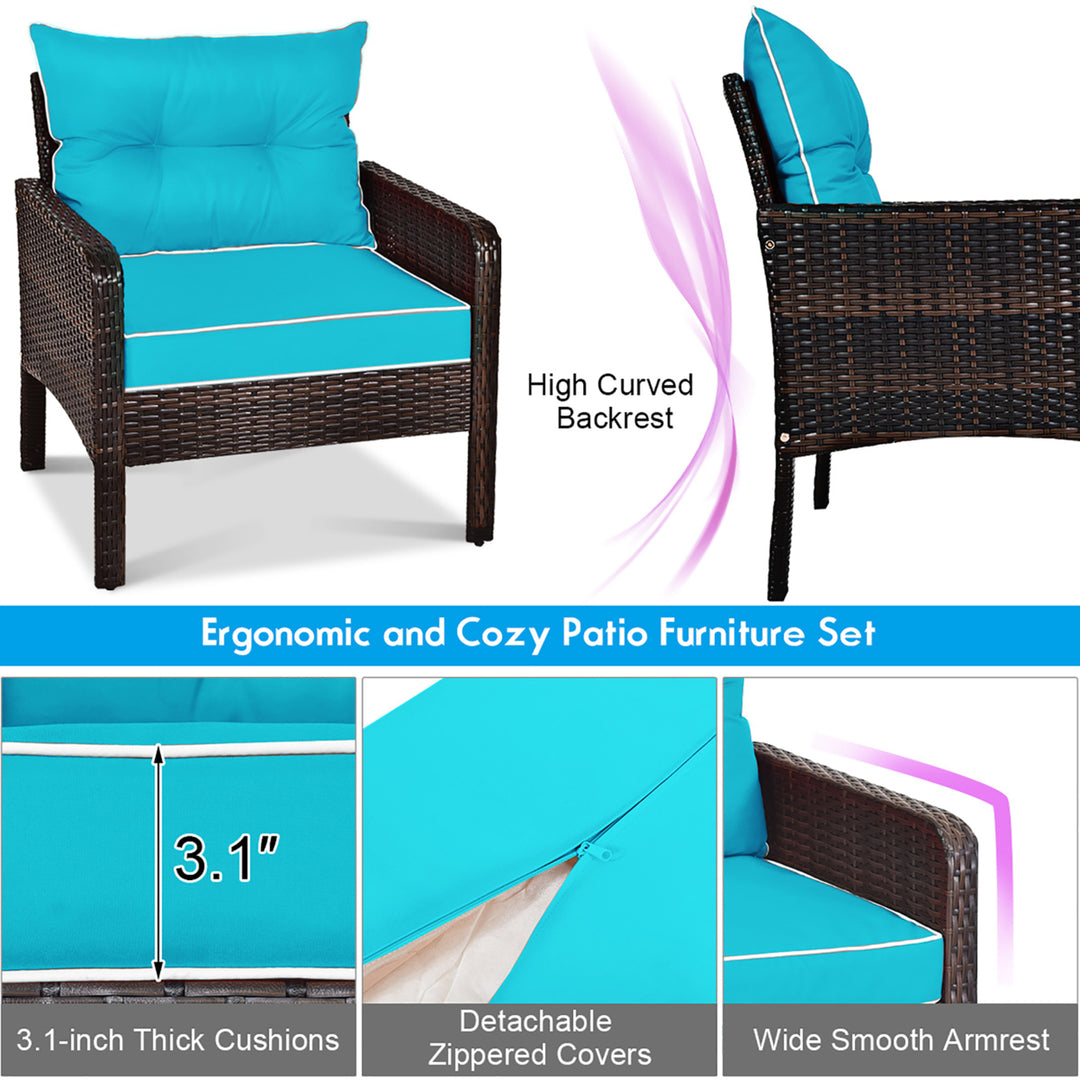 5PCS Patio Set Sectional Rattan Wicker Furniture Set w/ Turquoise Cushion Image 9