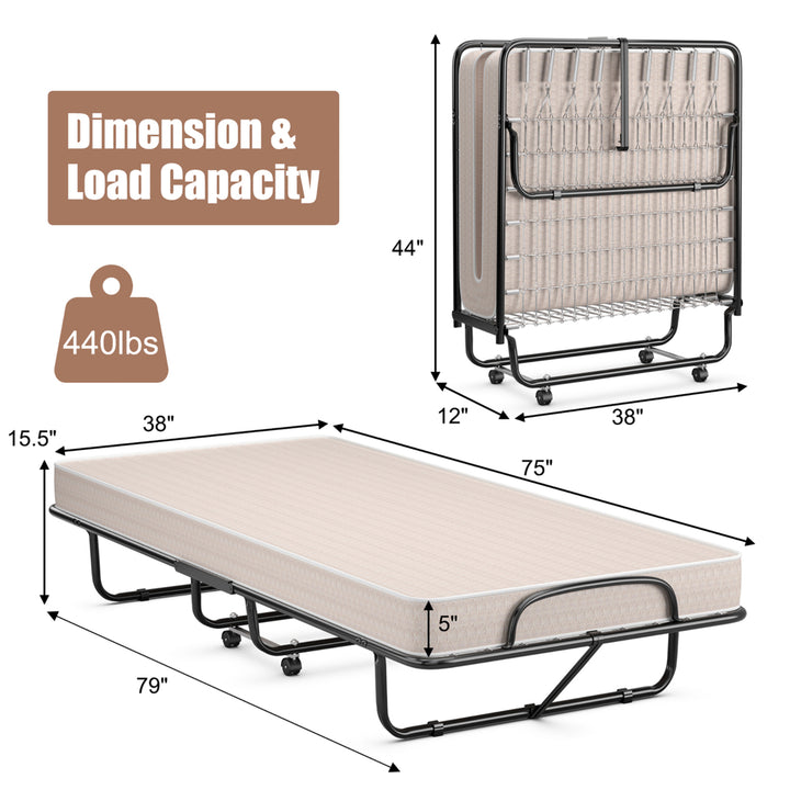 Folding Bed with Mattress Portable Rollaway Guest Cot Memory Foam Made in Italy Beige Image 2