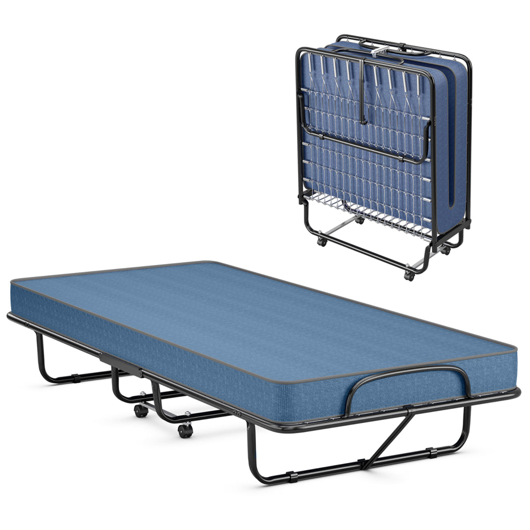 Folding Bed with Mattress Portable Rollaway Guest Cot Memory Foam Made in Italy Navy Image 1