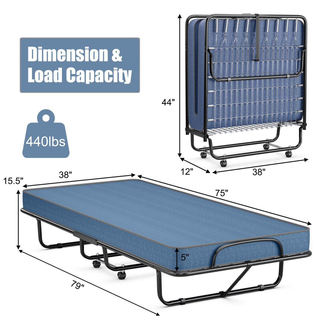 Folding Bed with Mattress Portable Rollaway Guest Cot Memory Foam Made in Italy Navy Image 2