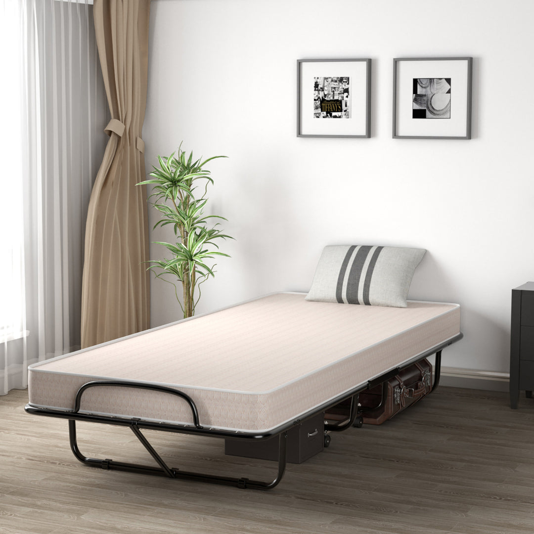 Folding Bed with Mattress Portable Rollaway Guest Cot Memory Foam Made in Italy Beige Image 3