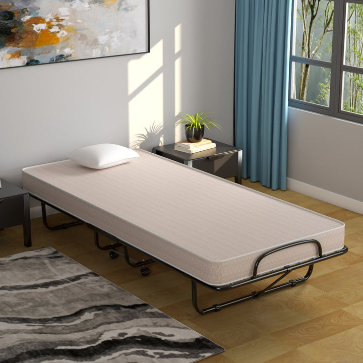 Folding Bed with Mattress Portable Rollaway Guest Cot Memory Foam Made in Italy Beige Image 5