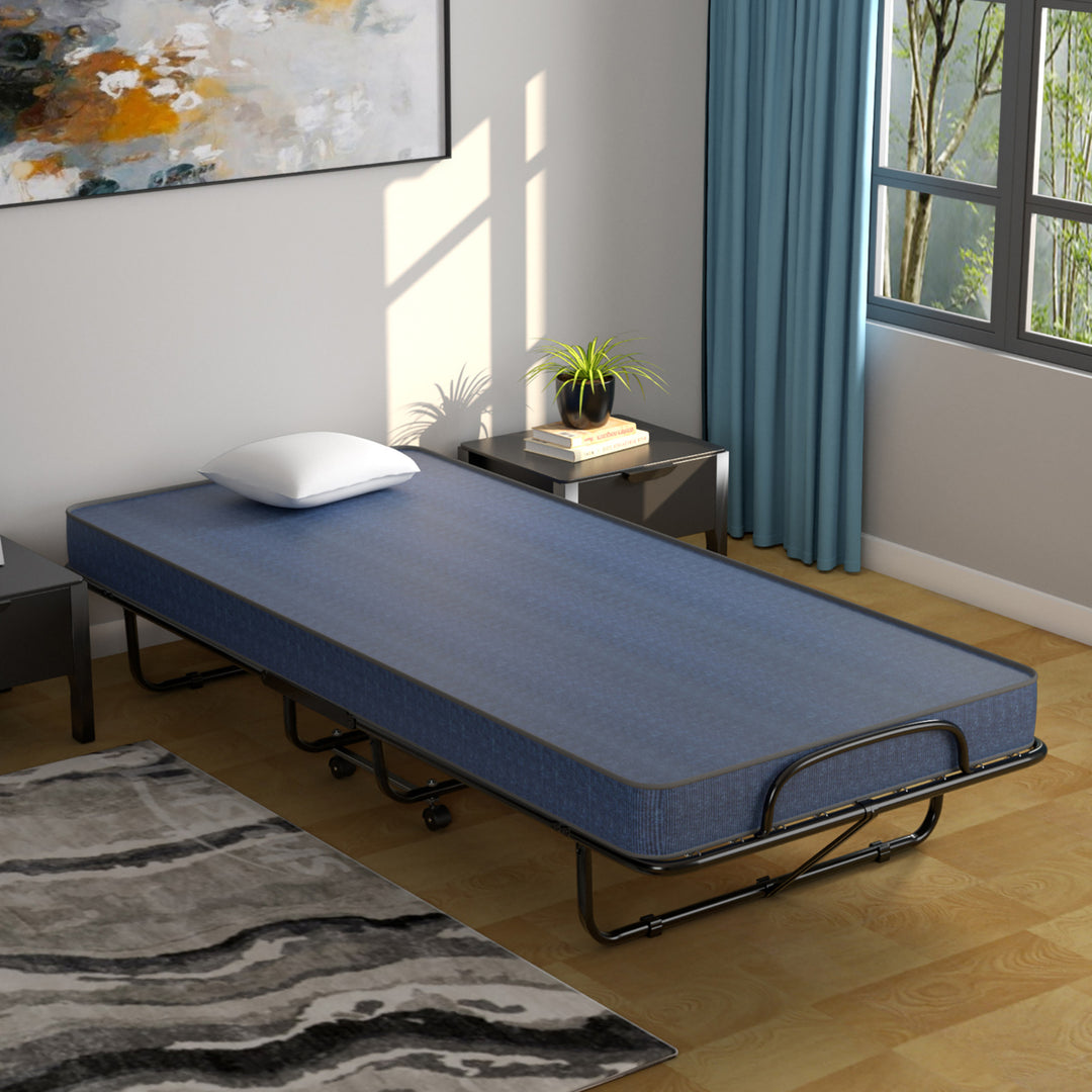 Folding Bed with Mattress Portable Rollaway Guest Cot Memory Foam Made in Italy Navy Image 5