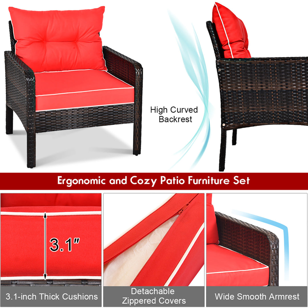 5PCS Patio Set Sectional Rattan Wicker Furniture Set w/ Red Cushion Image 10