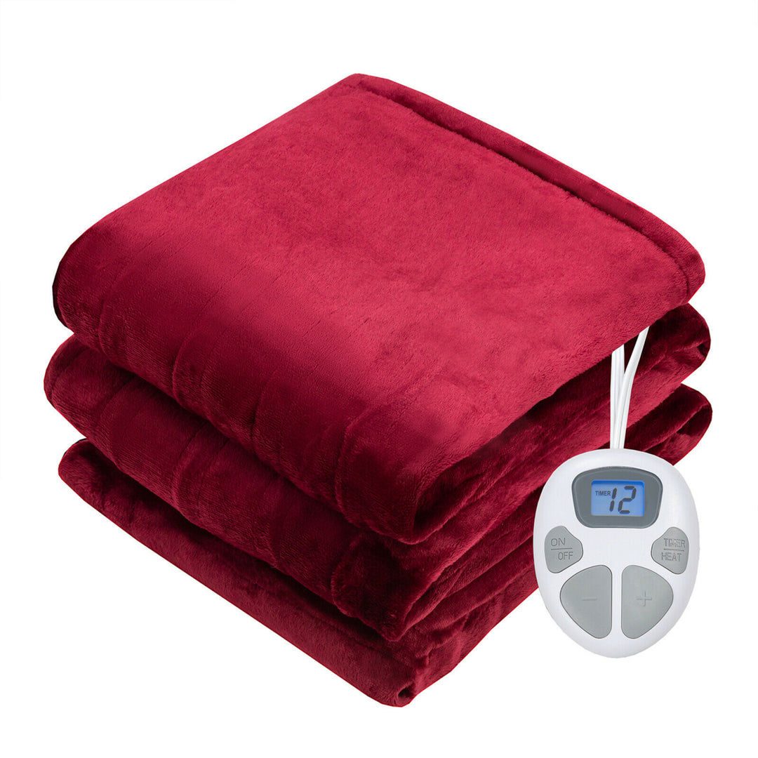 Gymax Flannel Electric Heated Blanket Throw w/ 8 Hours Auto Off Blue/Red Image 4