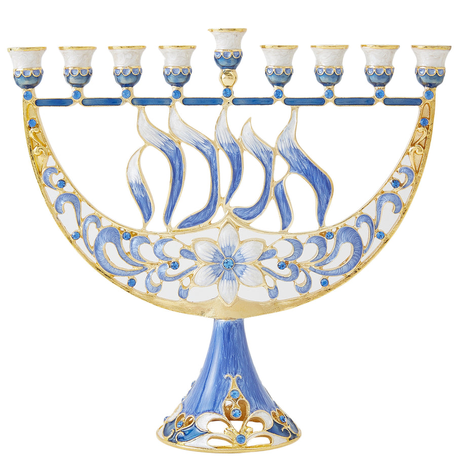 Matashi Hand Painted Enamel Menorah Candelabra with a Flower and Hanukkah Design and Embellished with Gold Accents and Image 1