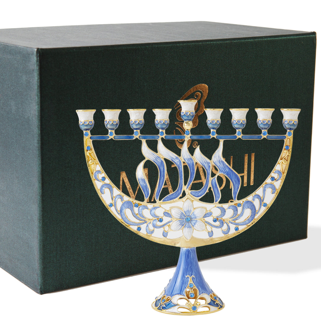 Matashi Hand Painted Enamel Menorah Candelabra with a Flower and Hanukkah Design and Embellished with Gold Accents and Image 2