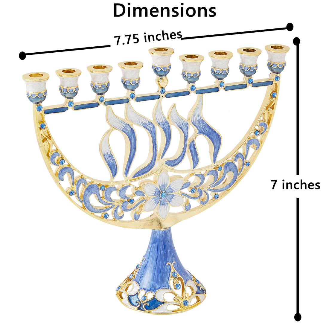 Matashi Hand Painted Enamel Menorah Candelabra with a Flower and Hanukkah Design and Embellished with Gold Accents and Image 3