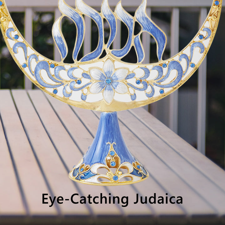 Matashi Hand Painted Enamel Menorah Candelabra with a Flower and Hanukkah Design and Embellished with Gold Accents and Image 4