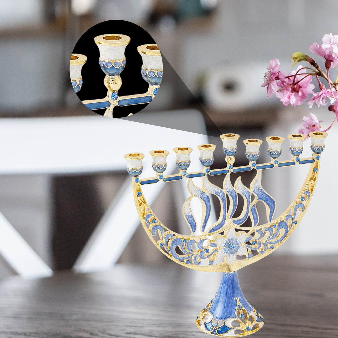 Matashi Hand Painted Enamel Menorah Candelabra with a Flower and Hanukkah Design and Embellished with Gold Accents and Image 5