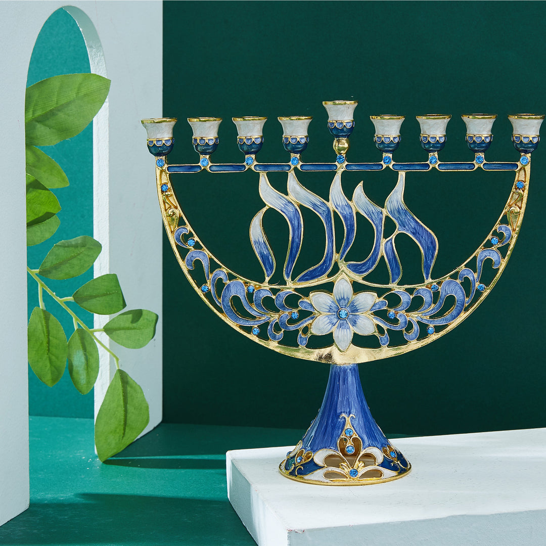 Matashi Hand Painted Enamel Menorah Candelabra with a Flower and Hanukkah Design and Embellished with Gold Accents and Image 7