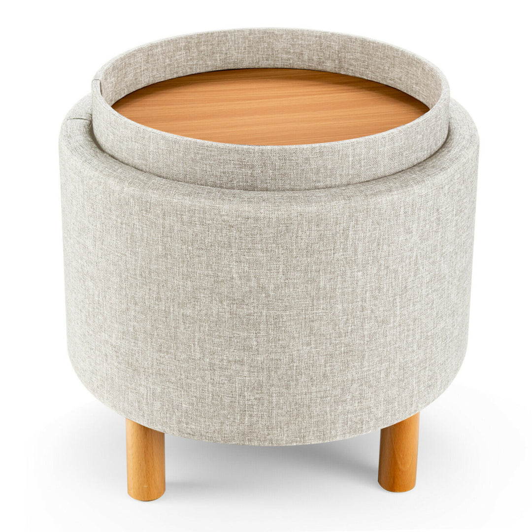 Round Storage Ottoman w/Tray Top Accent Padded Footrest w/Wood Legs Image 4