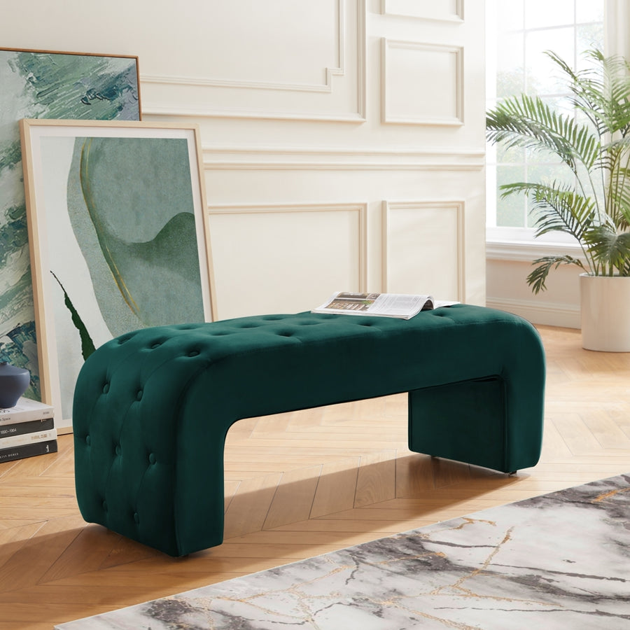 Uma Bench - Upholstered, Button Tufted, Curved Silhouette Image 1