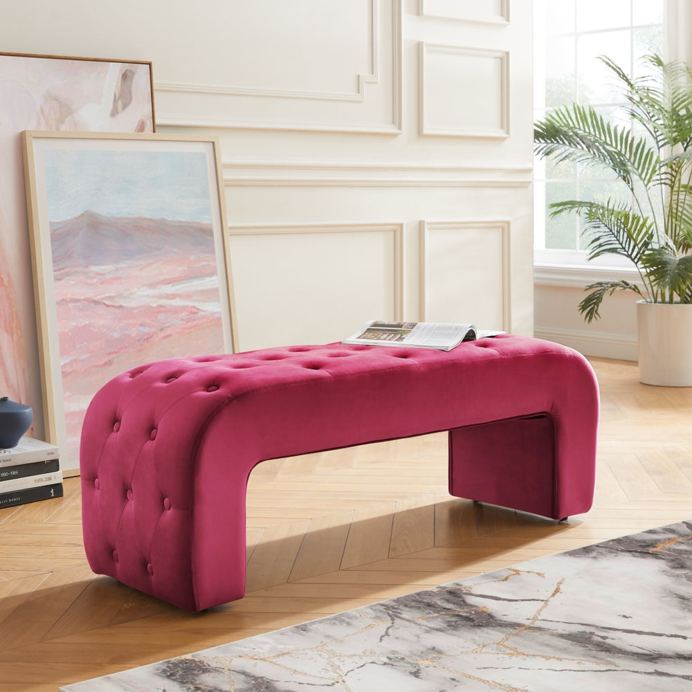Uma Bench - Upholstered, Button Tufted, Curved Silhouette Image 2