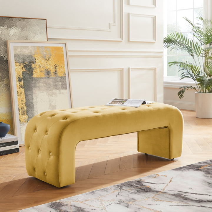 Uma Bench - Upholstered, Button Tufted, Curved Silhouette Image 3