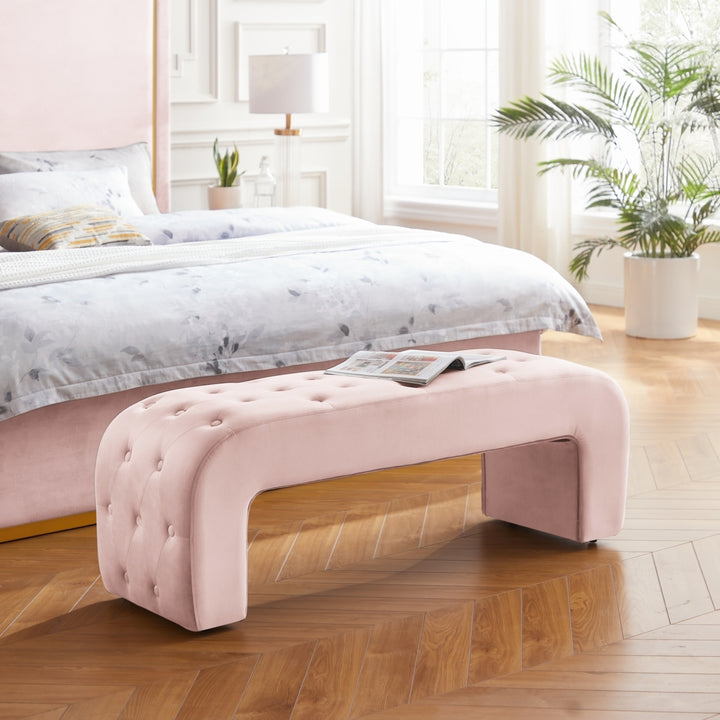 Uma Bench - Upholstered, Button Tufted, Curved Silhouette Image 6