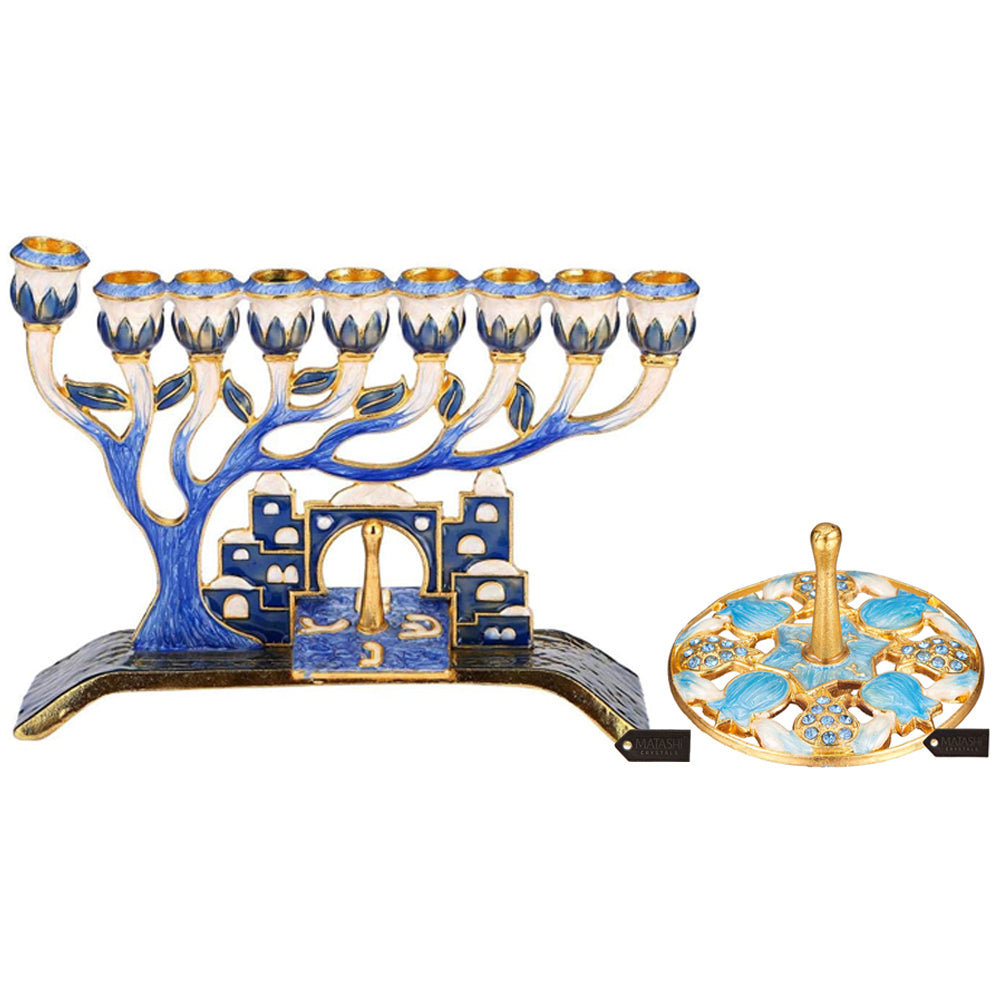 Matashi Hand Painted Blue Enamel Menorah Candelabra with a Jerusalem City Design and a Dreidel with Gold Accents Image 1