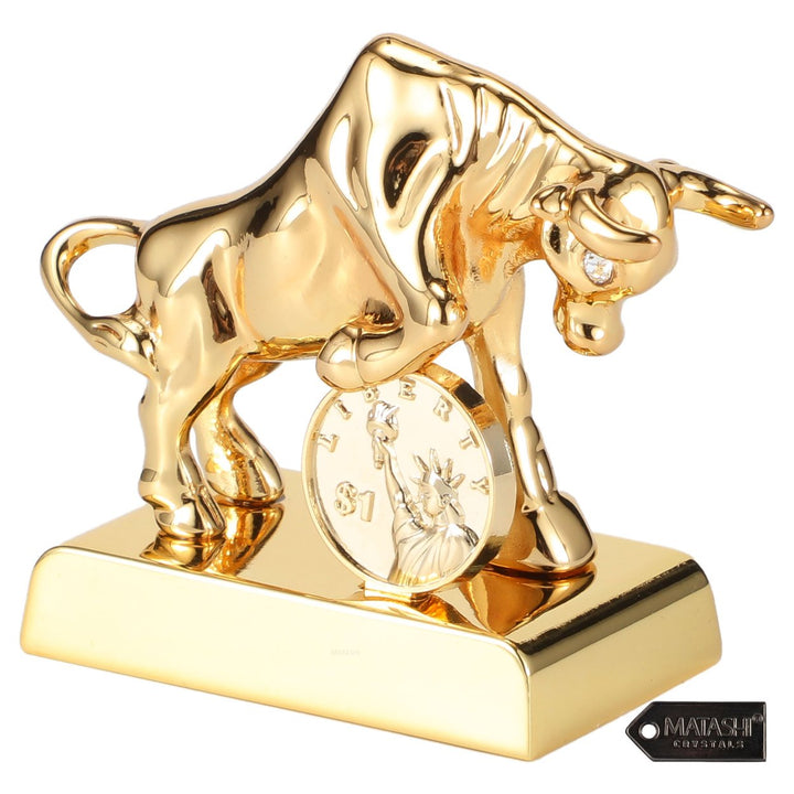 Matashi 24K Gold Plated Crystal Studded Ox/Bull Figurine with Coin Ornament Image 1