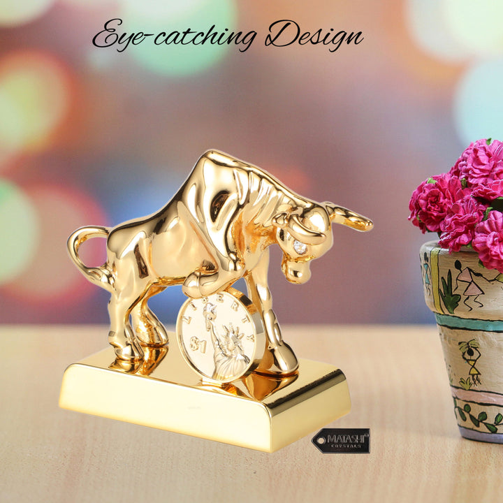 Matashi 24K Gold Plated Crystal Studded Ox/Bull Figurine with Coin Ornament Image 2