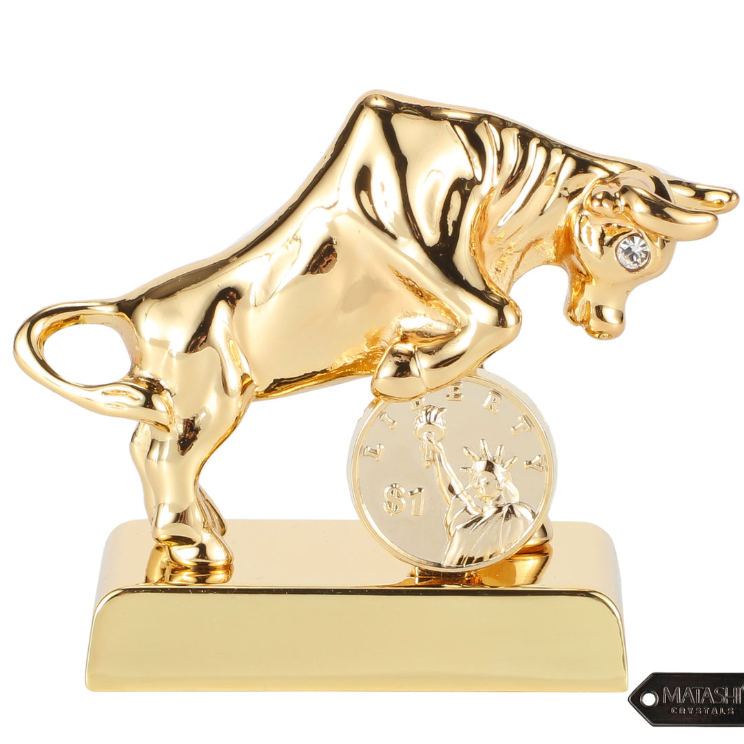 Matashi 24K Gold Plated Crystal Studded Ox/Bull Figurine with Coin Ornament Image 3