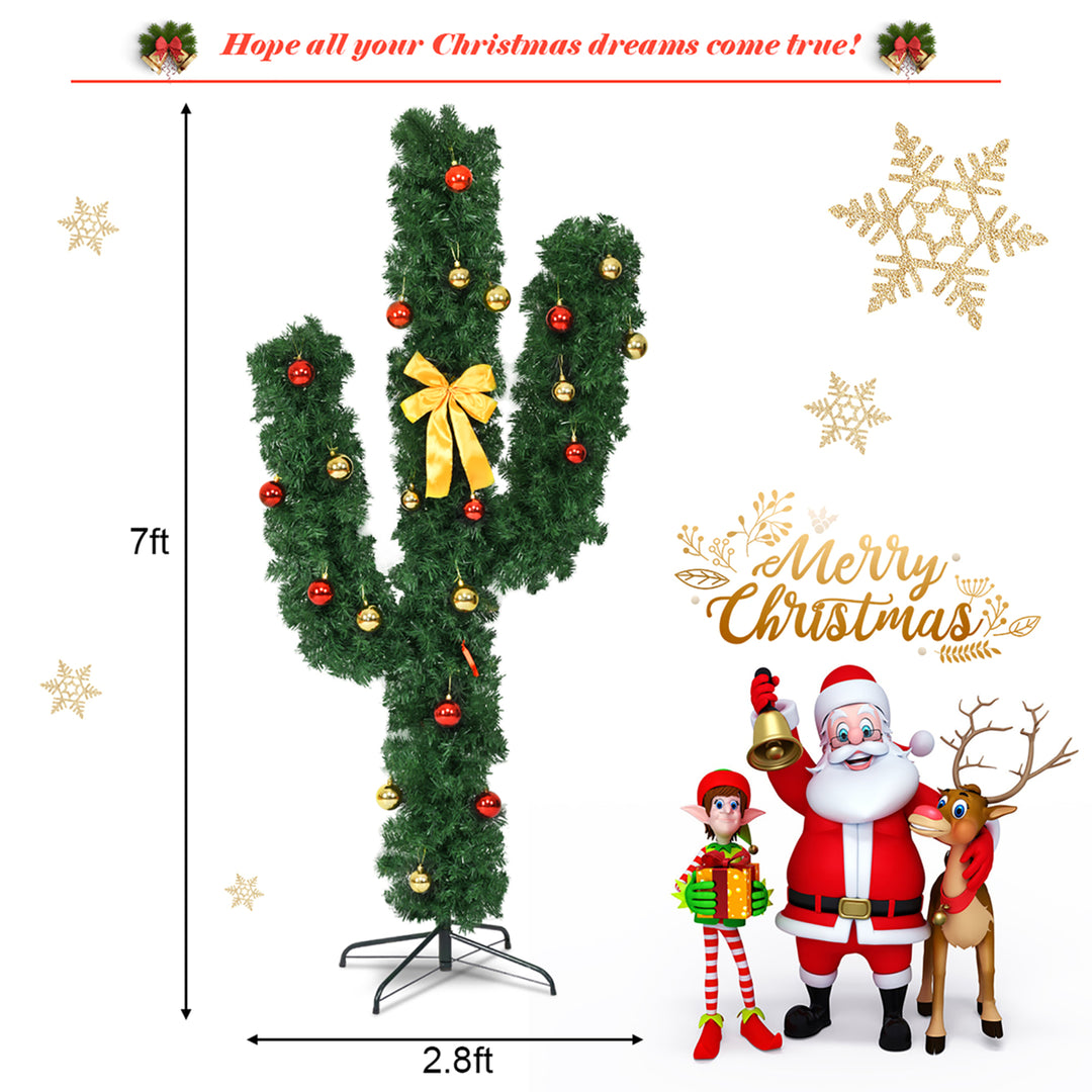 7Ft Cactus Artificial Christmas Tree Pre-Lit w/LED Lights and Ball Ornaments Image 2