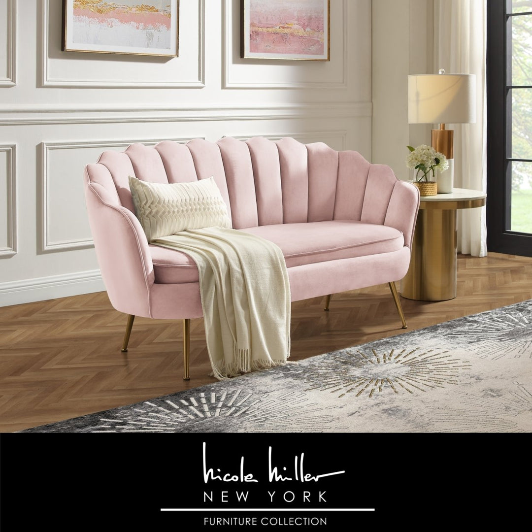 Dallin Loveseat - Upholstered Channel Tufted, Scalloped Edges, Tapered Polished Gold Legs Image 5