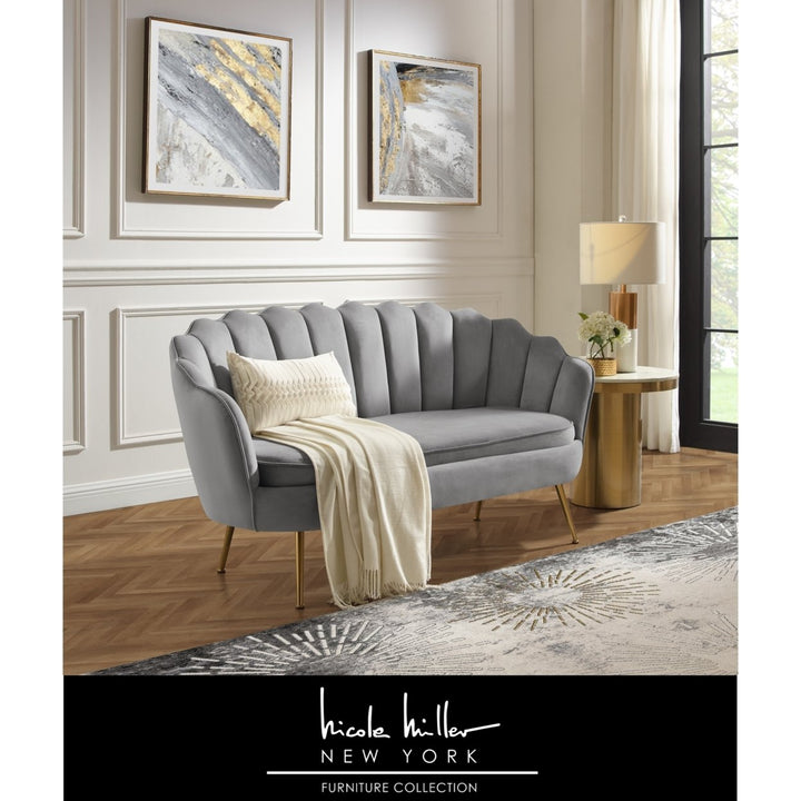 Dallin Loveseat - Upholstered Channel Tufted, Scalloped Edges, Tapered Polished Gold Legs Image 1