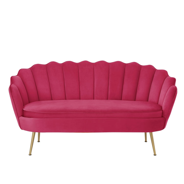 Dallin Loveseat - Upholstered Channel Tufted, Scalloped Edges, Tapered Polished Gold Legs Image 8