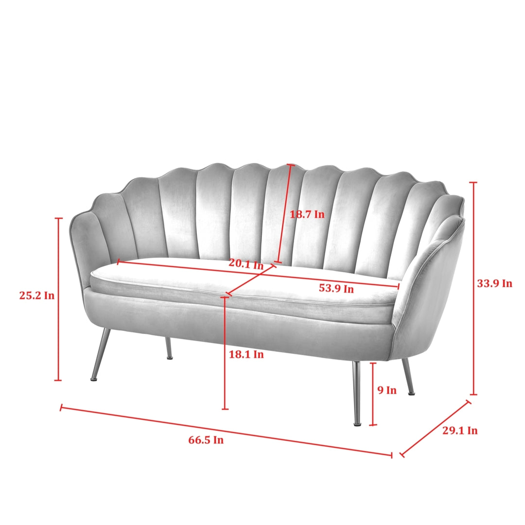 Dallin Loveseat - Upholstered Channel Tufted, Scalloped Edges, Tapered Polished Gold Legs Image 12