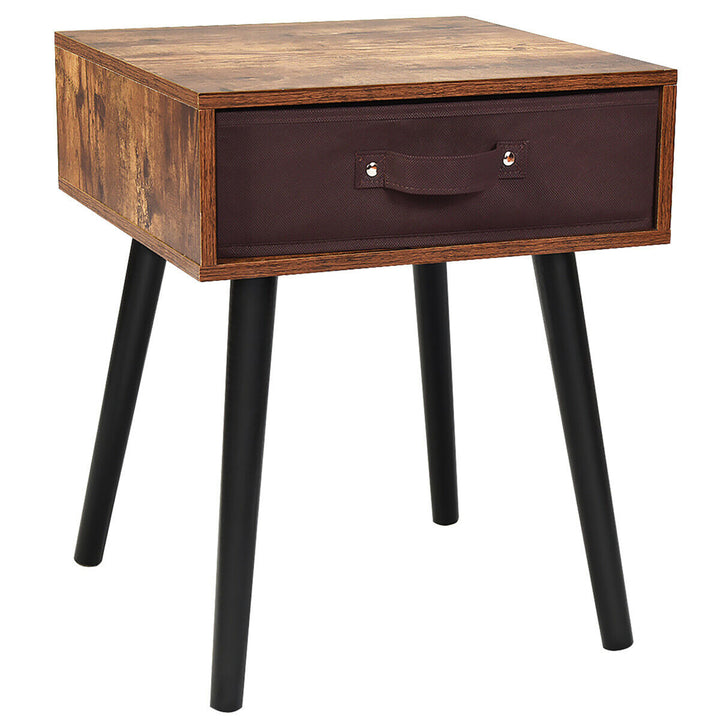 Mid-Century Accent Bedside Table W/ Fabric Drawer Rustic Brown Image 1