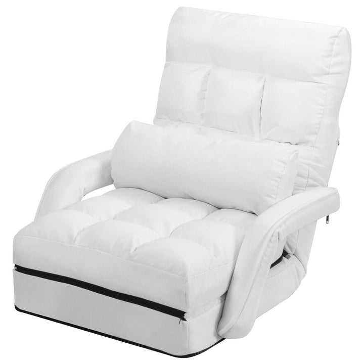 White Folding Lazy Sofa Floor Chair Sofa Lounger Bed with Armrests and Pillow Image 1