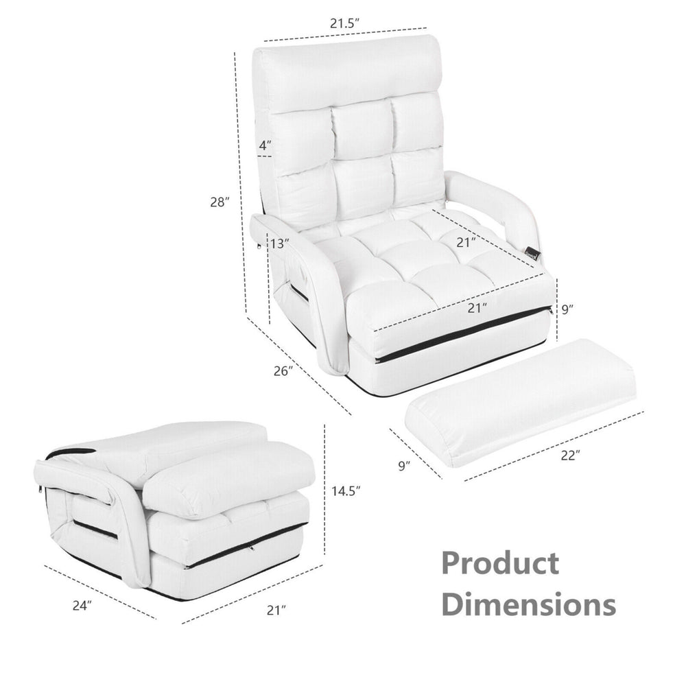 White Folding Lazy Sofa Floor Chair Sofa Lounger Bed with Armrests and Pillow Image 2