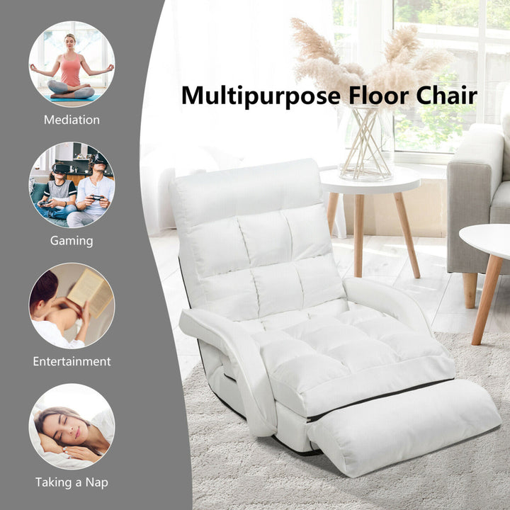 White Folding Lazy Sofa Floor Chair Sofa Lounger Bed with Armrests and Pillow Image 4