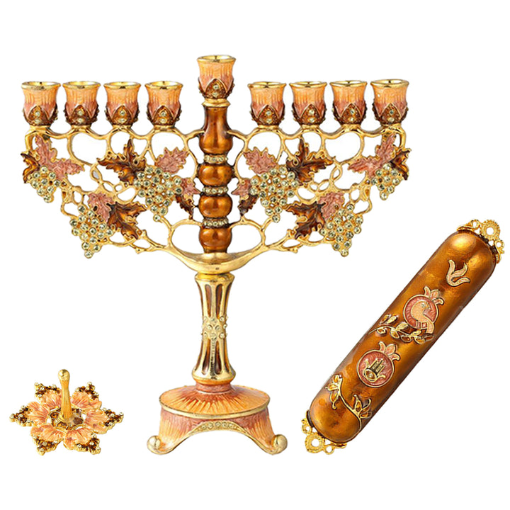 Matashi Hand Painted Hanukkah Menorah Candle Holder with Mezuzah and Spinning Dreidel, Holiday Ornaments with Gold Image 1