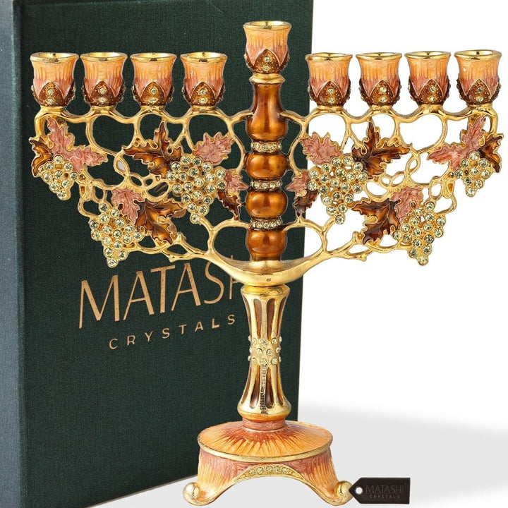 Matashi Hand Painted Hanukkah Menorah Candle Holder with Mezuzah and Spinning Dreidel, Holiday Ornaments with Gold Image 2