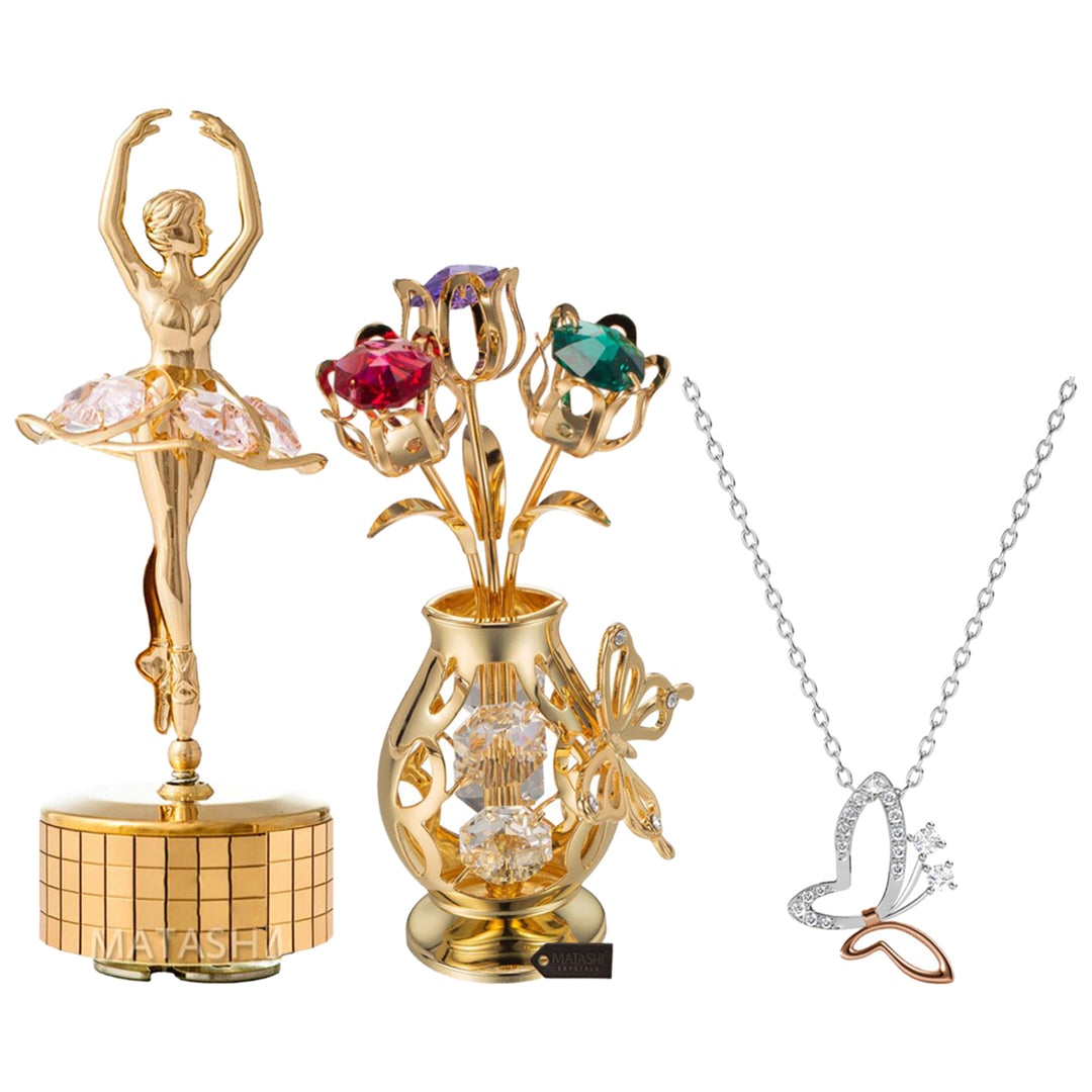 Matashi White Gold and Rose Gold Plated Butterfly Pendant Necklace with Wind-Up Music Box plays - "Swan Lake" and Gold Image 1