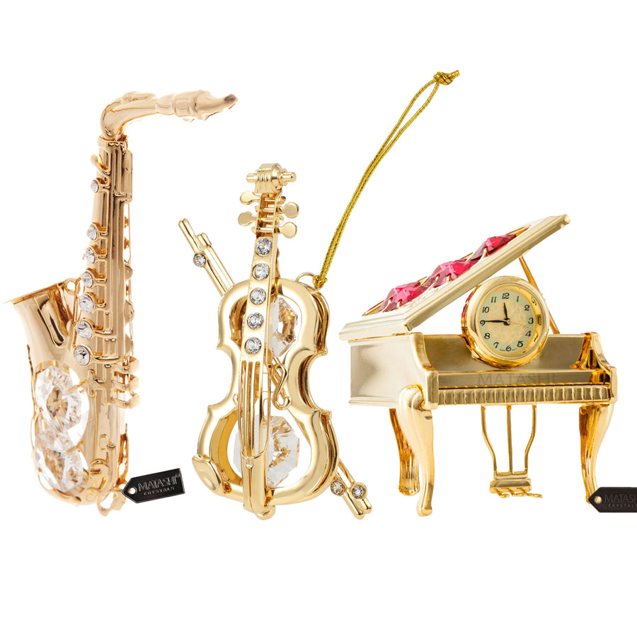 Matashi 24K Gold Plated Vintage Piano Desk Clock with Crystal Studded Violin, Bow, And Saxophone Ornament Image 1