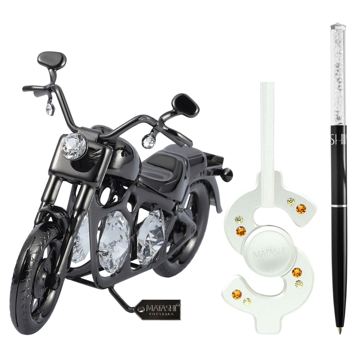 Matashi Black Chrome Plated Stylish Ballpoint Pen with Gunmetal Grey Motorcycle Ornament and Hanging Christmas Tree Image 1