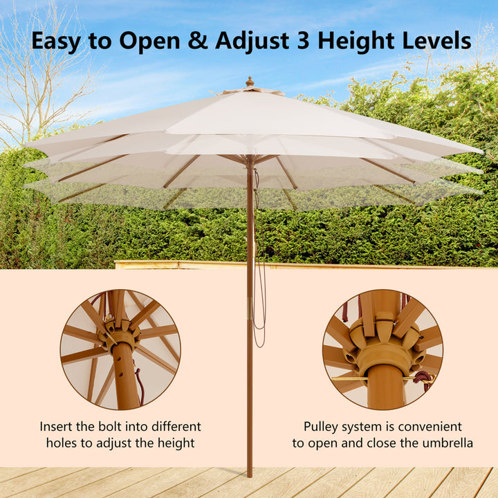 10FT Patio Wooden Market Table Umbrella Pulley w/8 Bamboo Ribs Sunshade Canopy Image 6