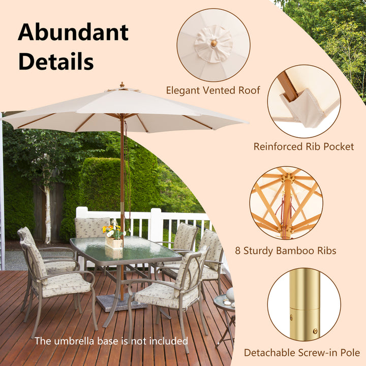 10FT Patio Wooden Market Table Umbrella Pulley w/8 Bamboo Ribs Sunshade Canopy Image 8