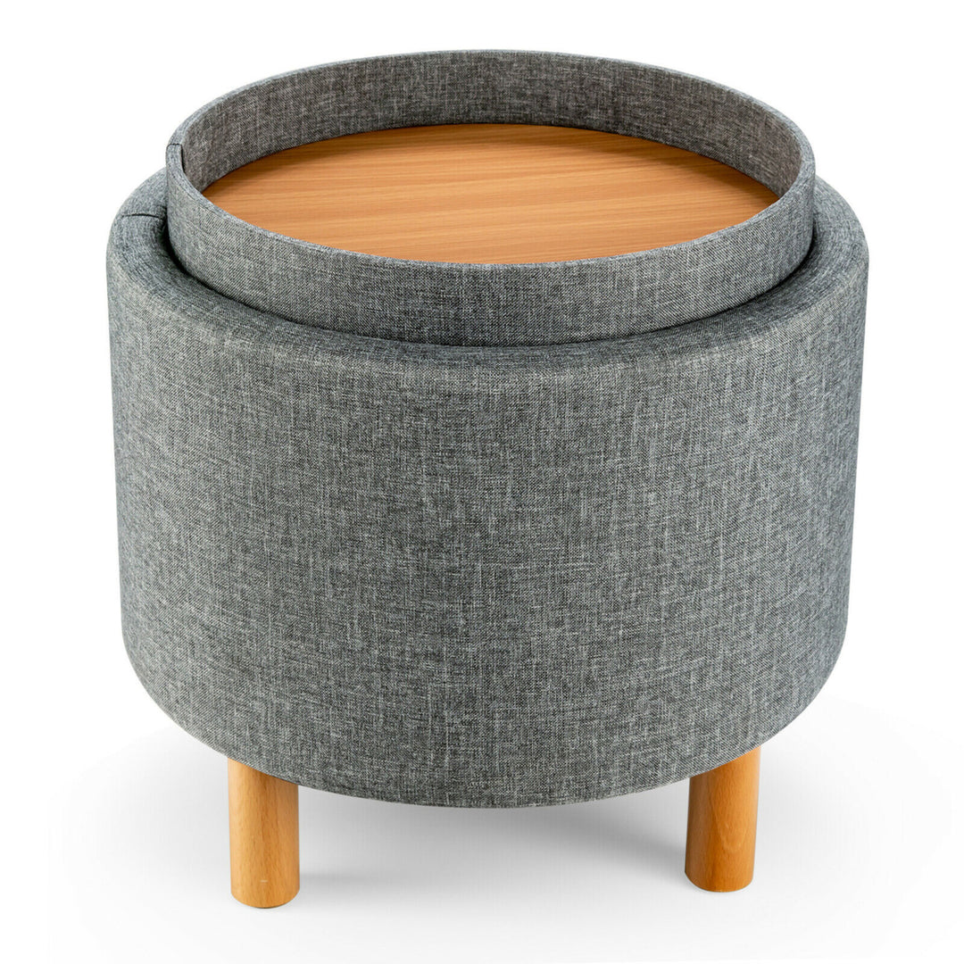 Round Storage Ottoman w/Tray Top Accent Padded Footrest w/Wood Legs Image 5