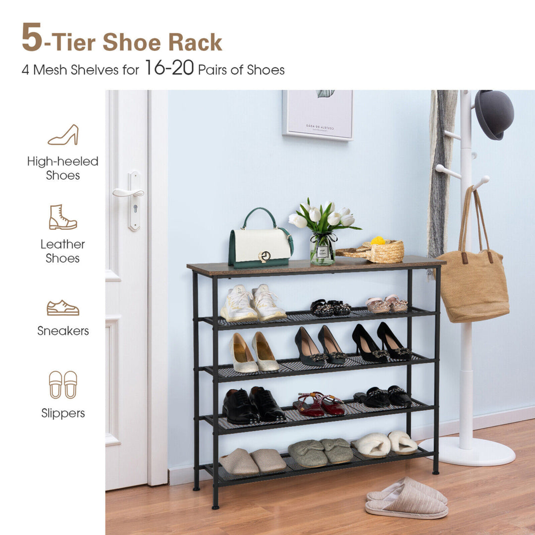 Shoe Rack 5-Tier Shoe Storage Organizer W/4 Metal Mesh Shelves for 16-20 Pairs Image 5