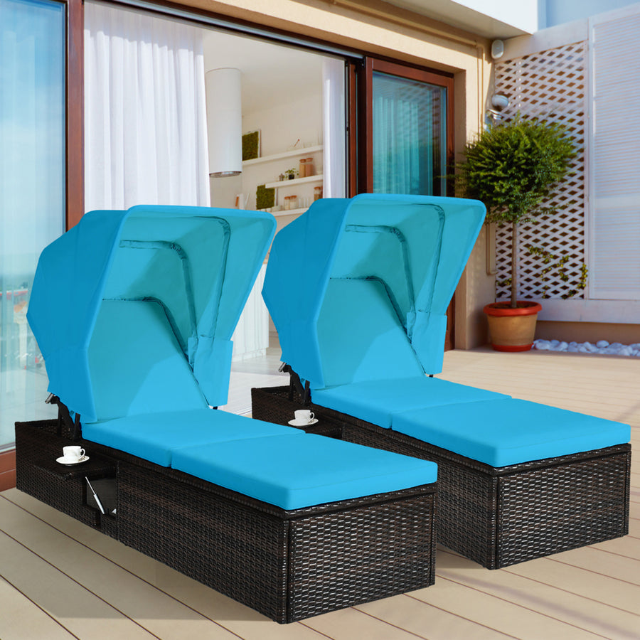 2PCS Rattan Patio Chaise Lounge Chair W/ Adjustable Canopy Turquoise Cushion Image 1