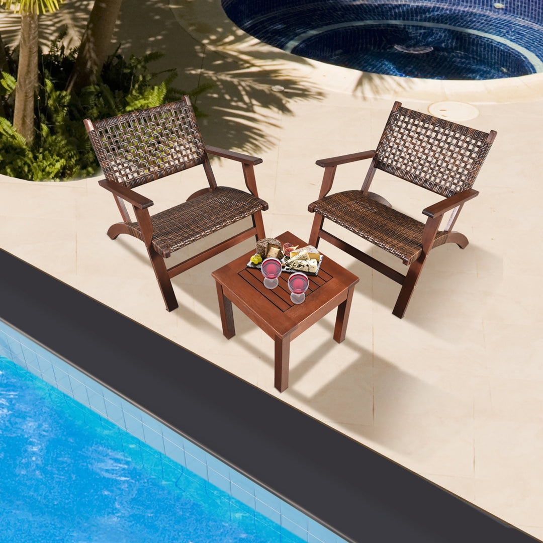 3PCS Rattan Patio Chair and Table Set Outdoor Furniture Set w/ Wooden Frame Image 3