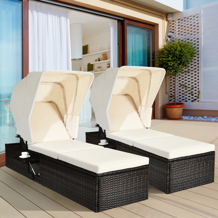 2pcs Rattan Lounge Cushioned Chair W/Adjustable Canopy Patio Image 1